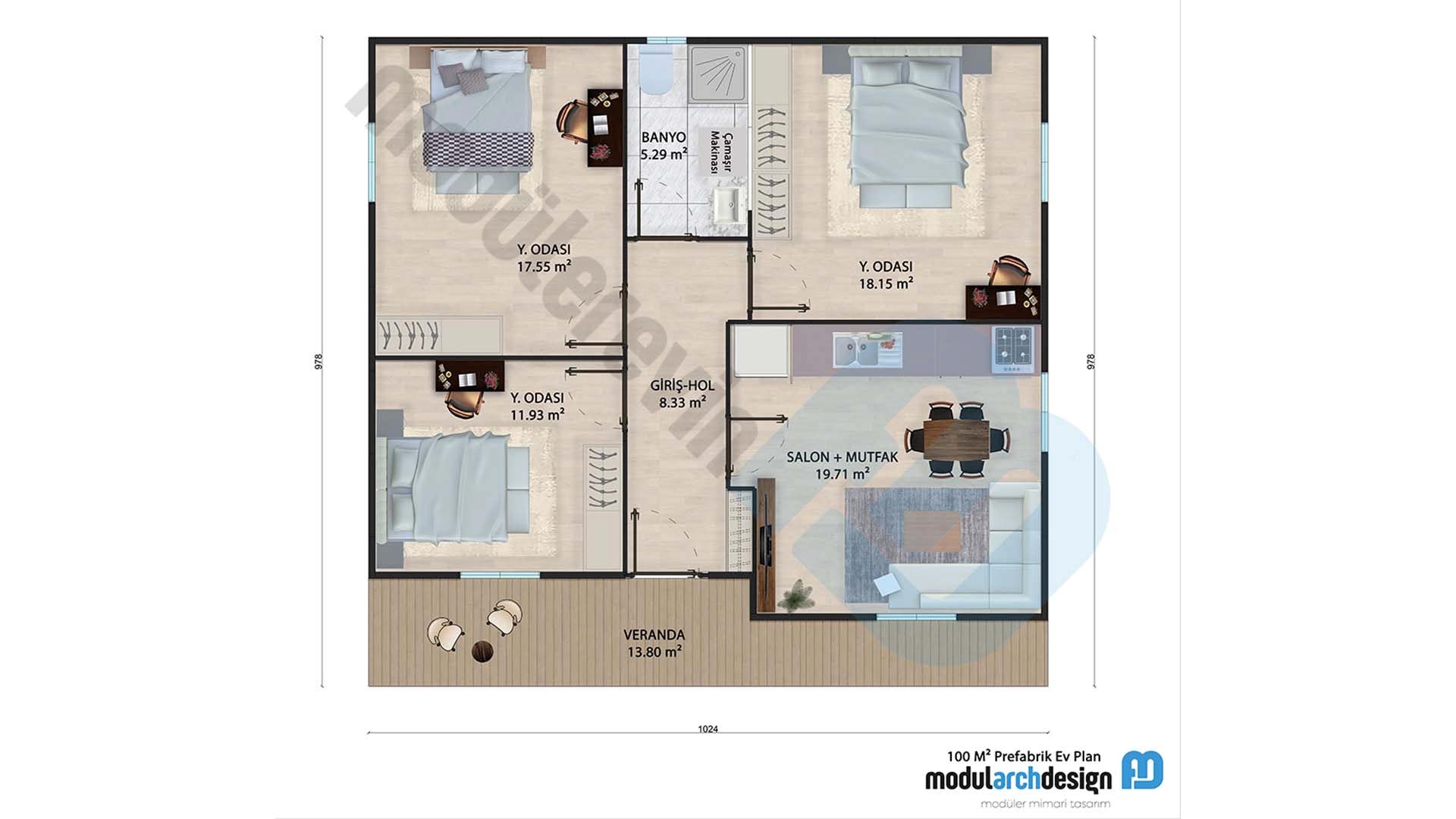 100m² Tek Katlı 3+1 Prefabrik Ev Planı